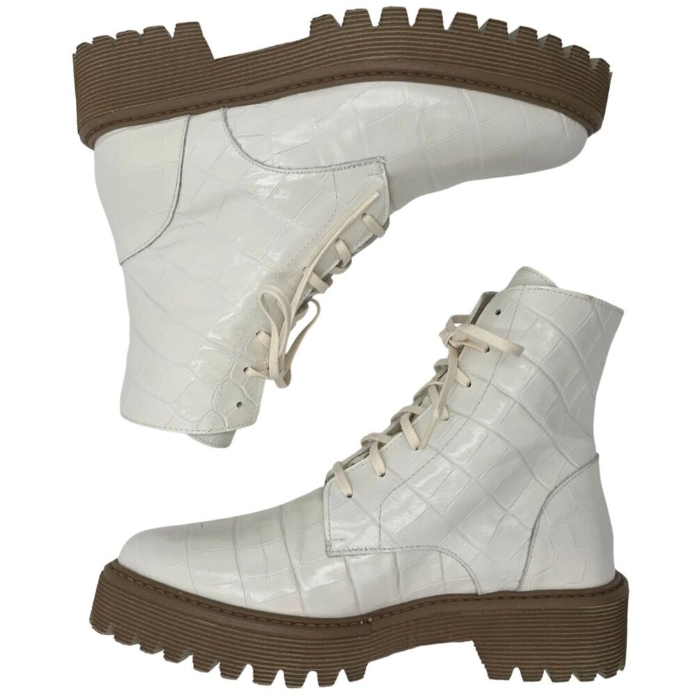 NEW Freda Salvador Emi Combat Boots Womens 5M Creme Leather Croc Embossed Shoes - Picture 4 of 16